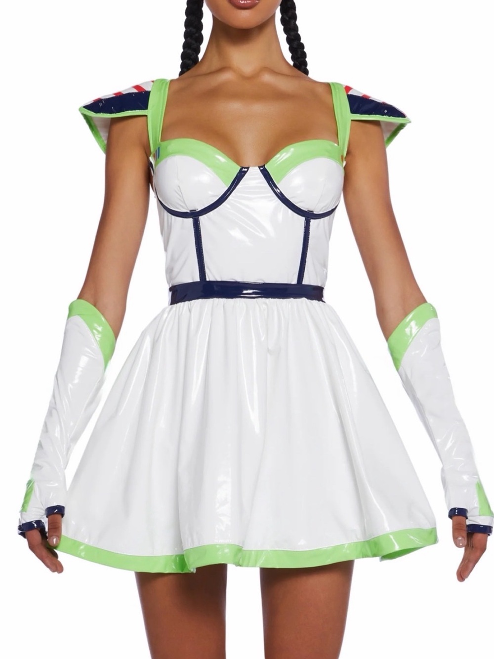 Dolls Kill White Patent Superhero Dress with Neon Green & Navy Trim